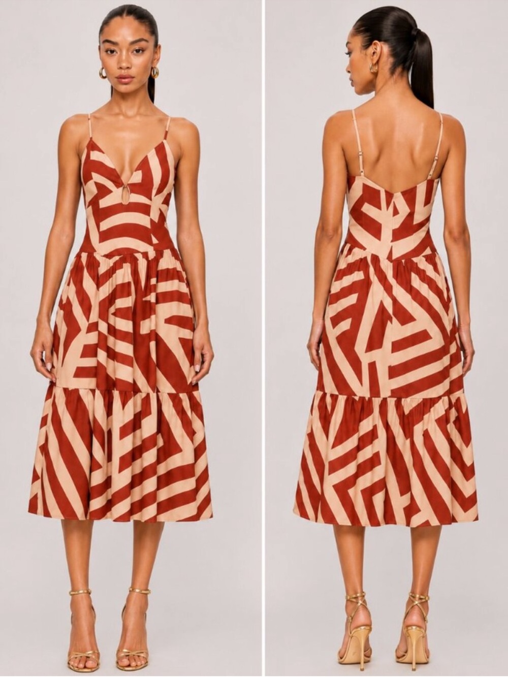 NWT Mon Renn Dress Surreal Midi Drop Waist in Tropico Print Terracotta Red Peach